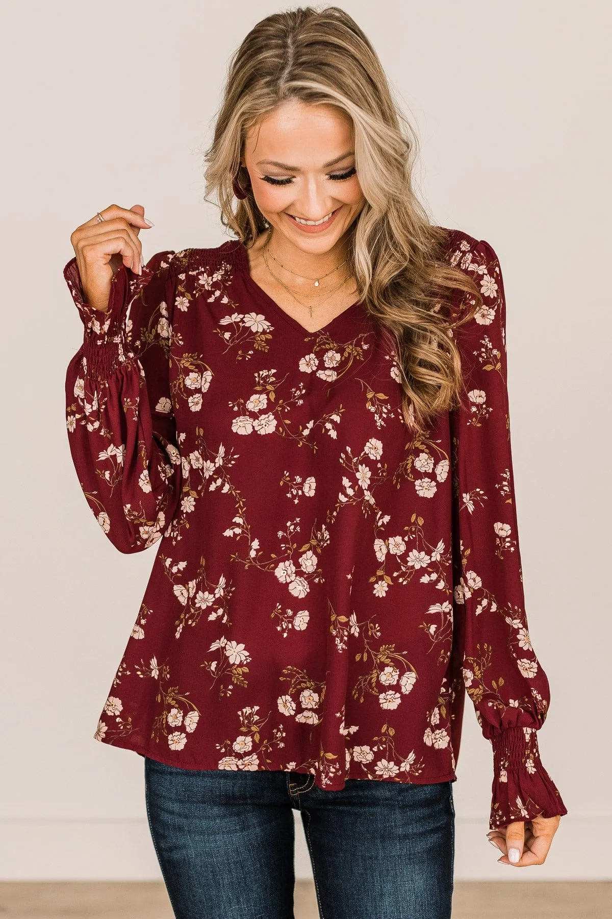 Note To Self Floral Smocked Blouse- Maroon