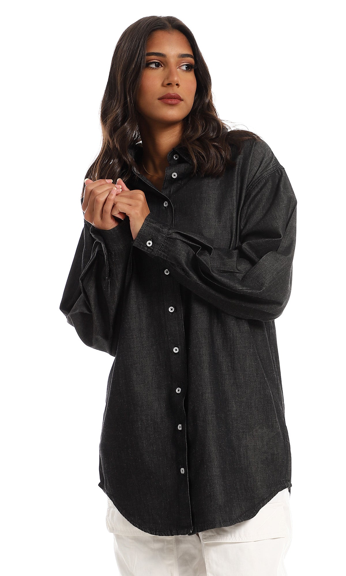 O153406 Full Buttoned Heather Black Cotton Long Shirt