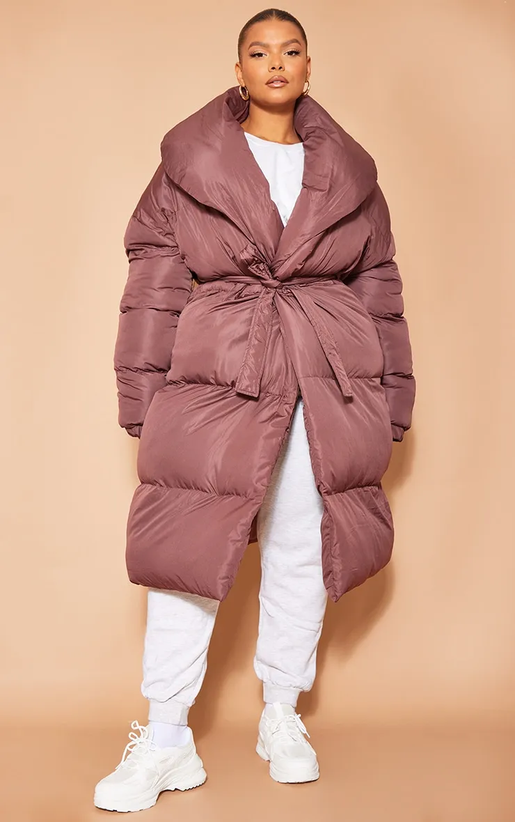 Plus Chocolate Collar Belted Longline Puffer Coat