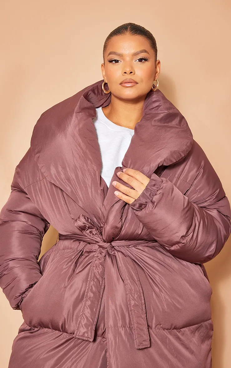 Plus Chocolate Collar Belted Longline Puffer Coat