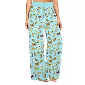 polka dot light blue butterfly background Women's Wide Leg Lounge Pants (Model L77)