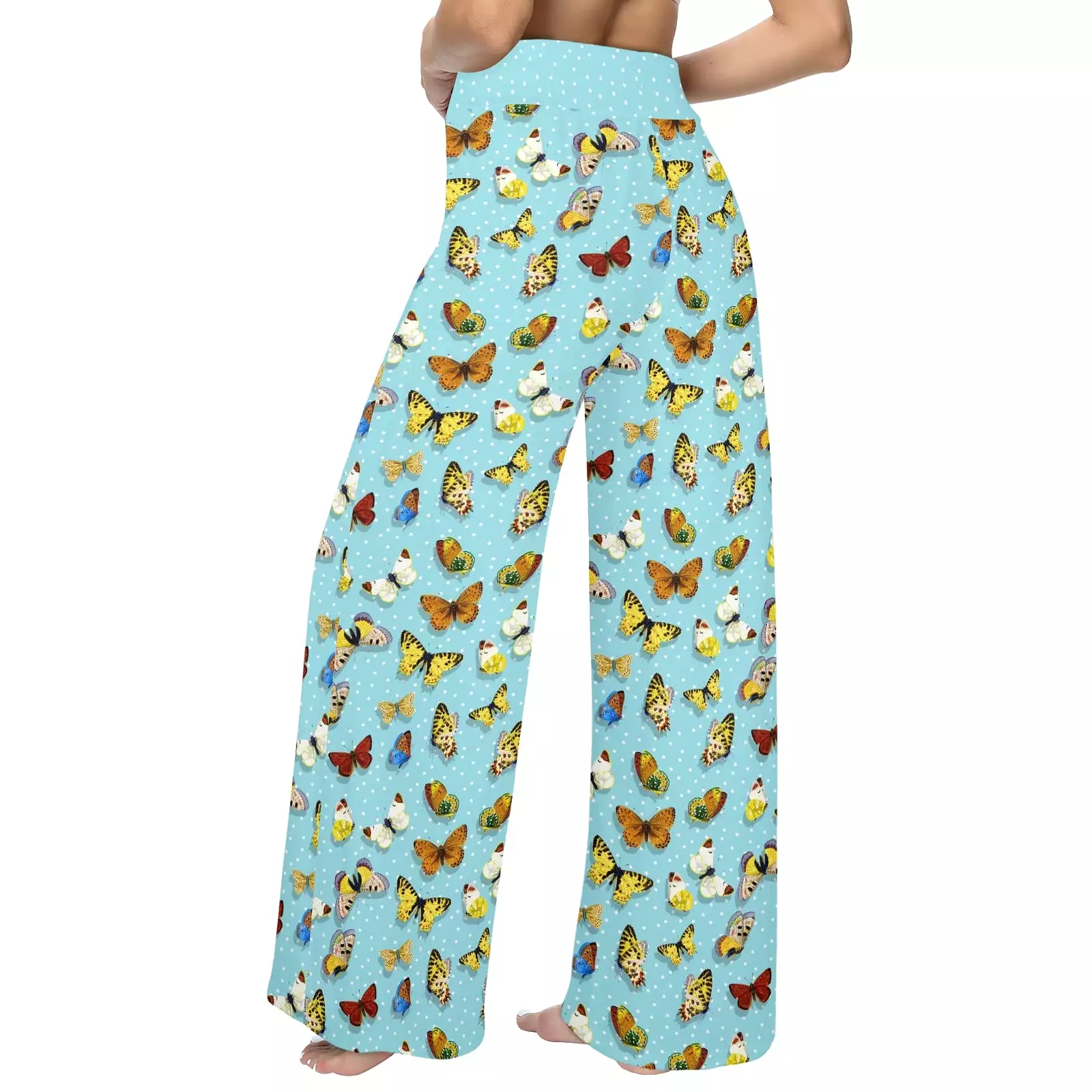 polka dot light blue butterfly background Women's Wide Leg Lounge Pants (Model L77)