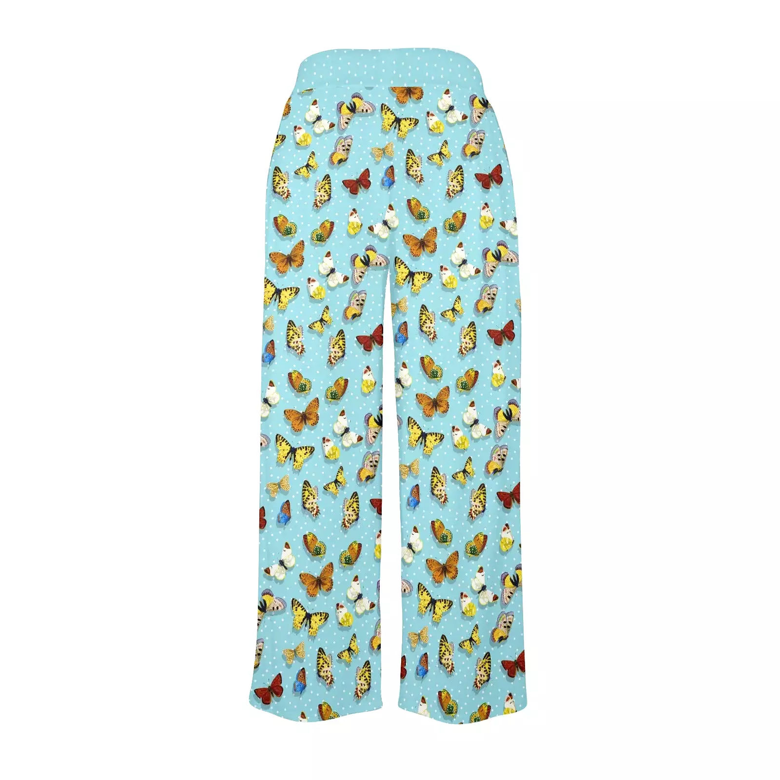 polka dot light blue butterfly background Women's Wide Leg Lounge Pants (Model L77)