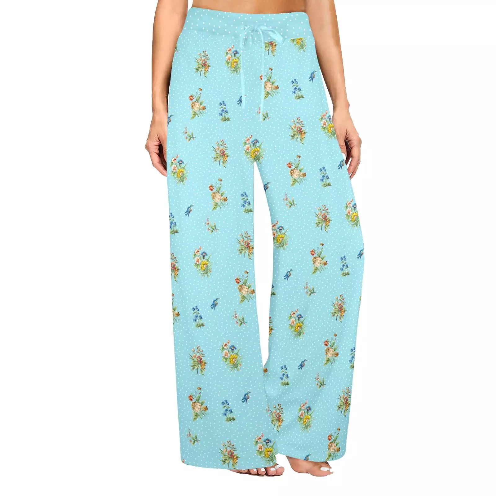 polka dot light blue butterfly background Women's Wide Leg Lounge Pants (Model L77)