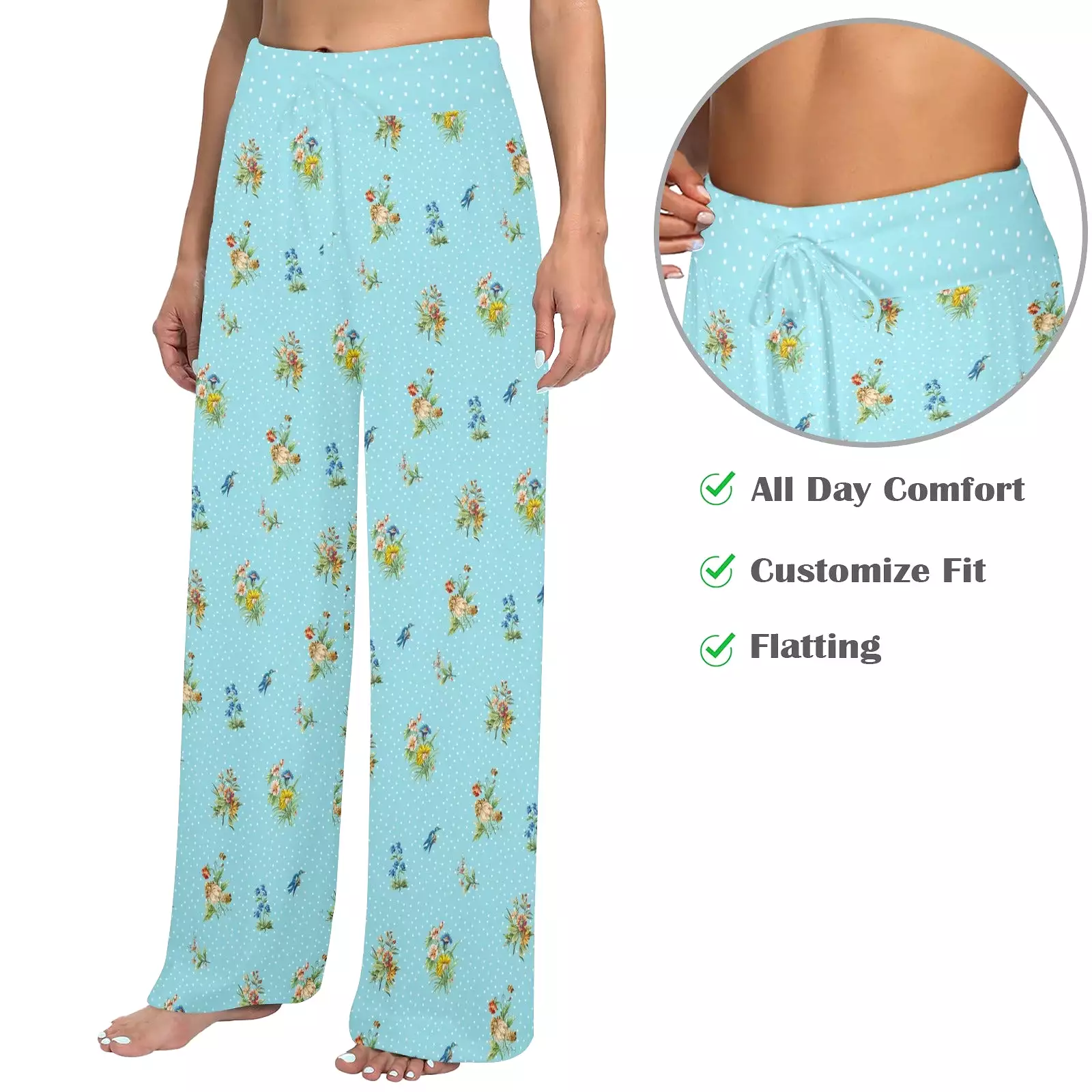 polka dot light blue butterfly background Women's Wide Leg Lounge Pants (Model L77)