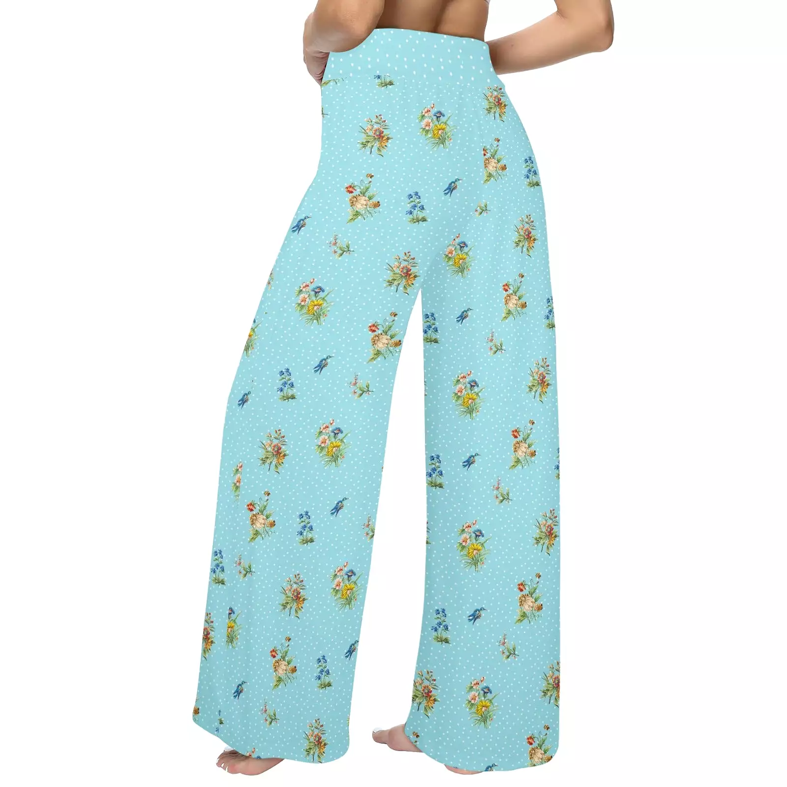 polka dot light blue butterfly background Women's Wide Leg Lounge Pants (Model L77)