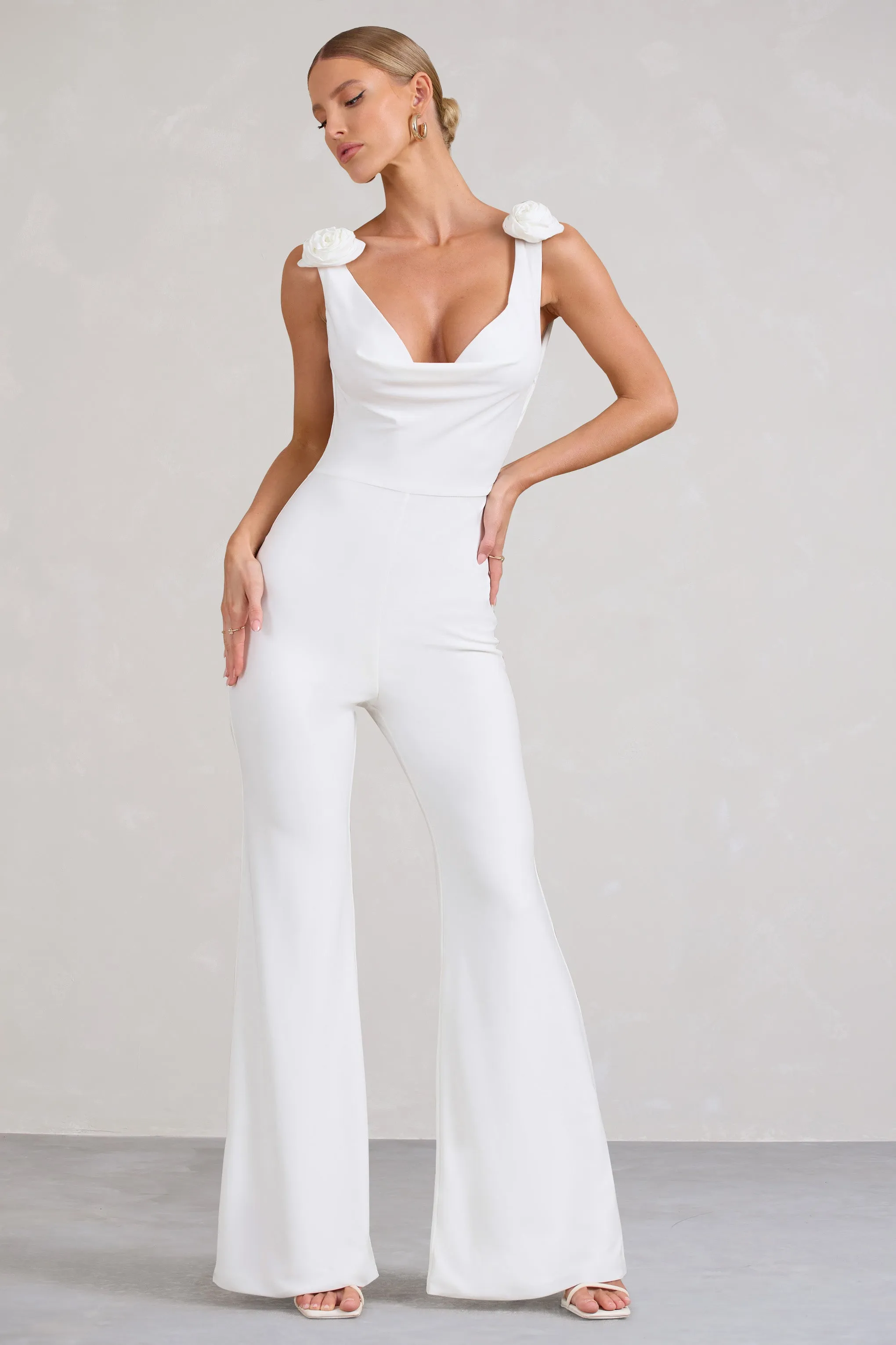 Posy | White Cowl-Neck Jumpsuit With Corsages And Lace Detail