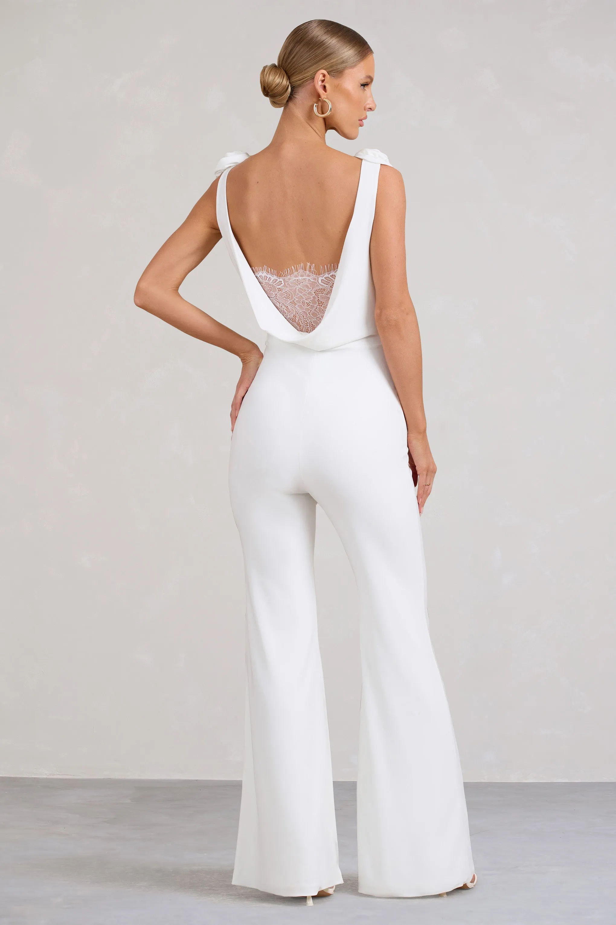 Posy | White Cowl-Neck Jumpsuit With Corsages And Lace Detail