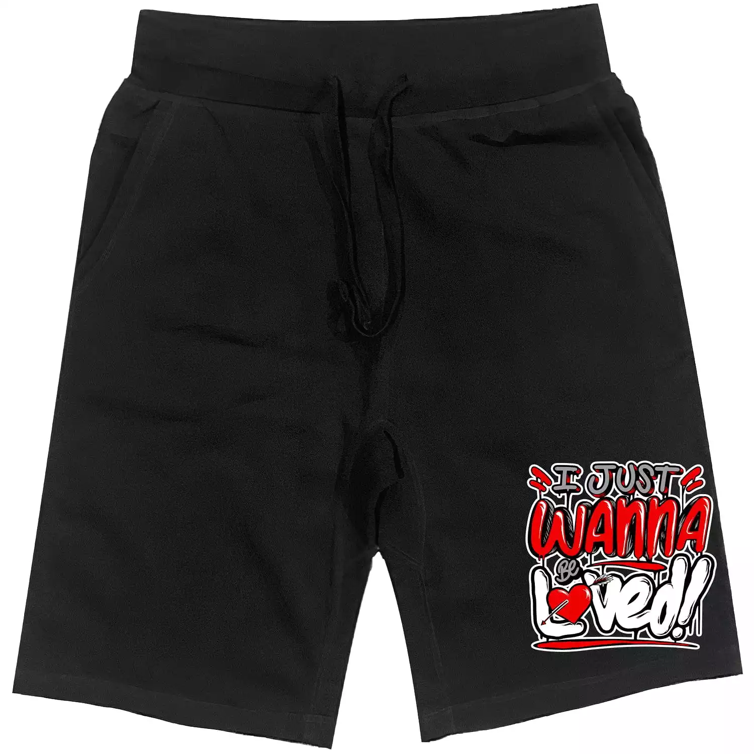 RED LOVED : Black Cotton Terry Fleece Shorts