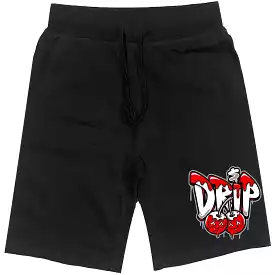 RED MONEY DRIP : Black Cotton Terry Fleece Shorts