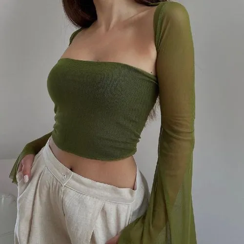 Sexy Solid Color Spandex Polyester Strapless Long Sleeve Regular Sleeve T-shirt