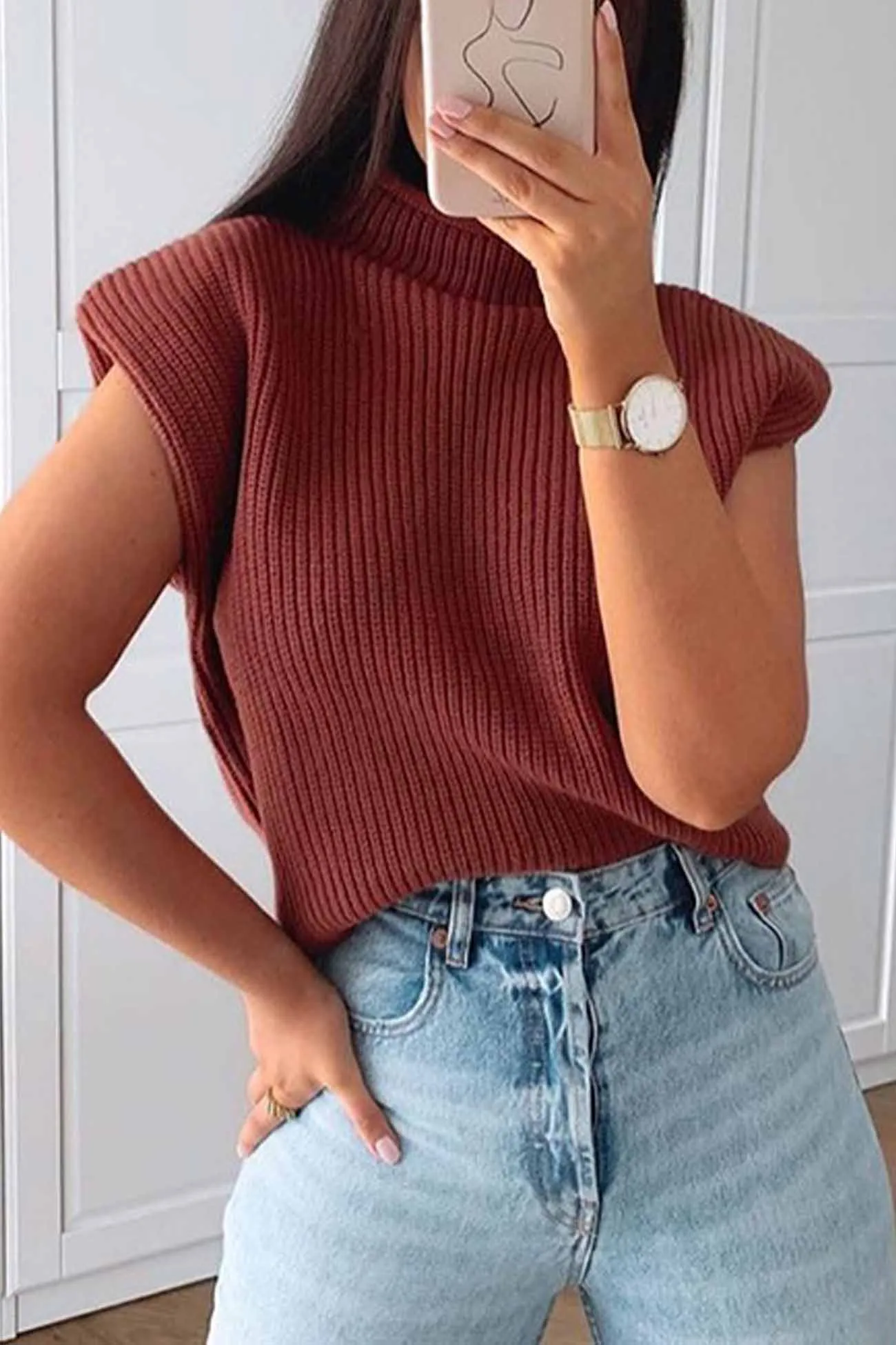 Solid Mock Neck Sleeveless Sweater