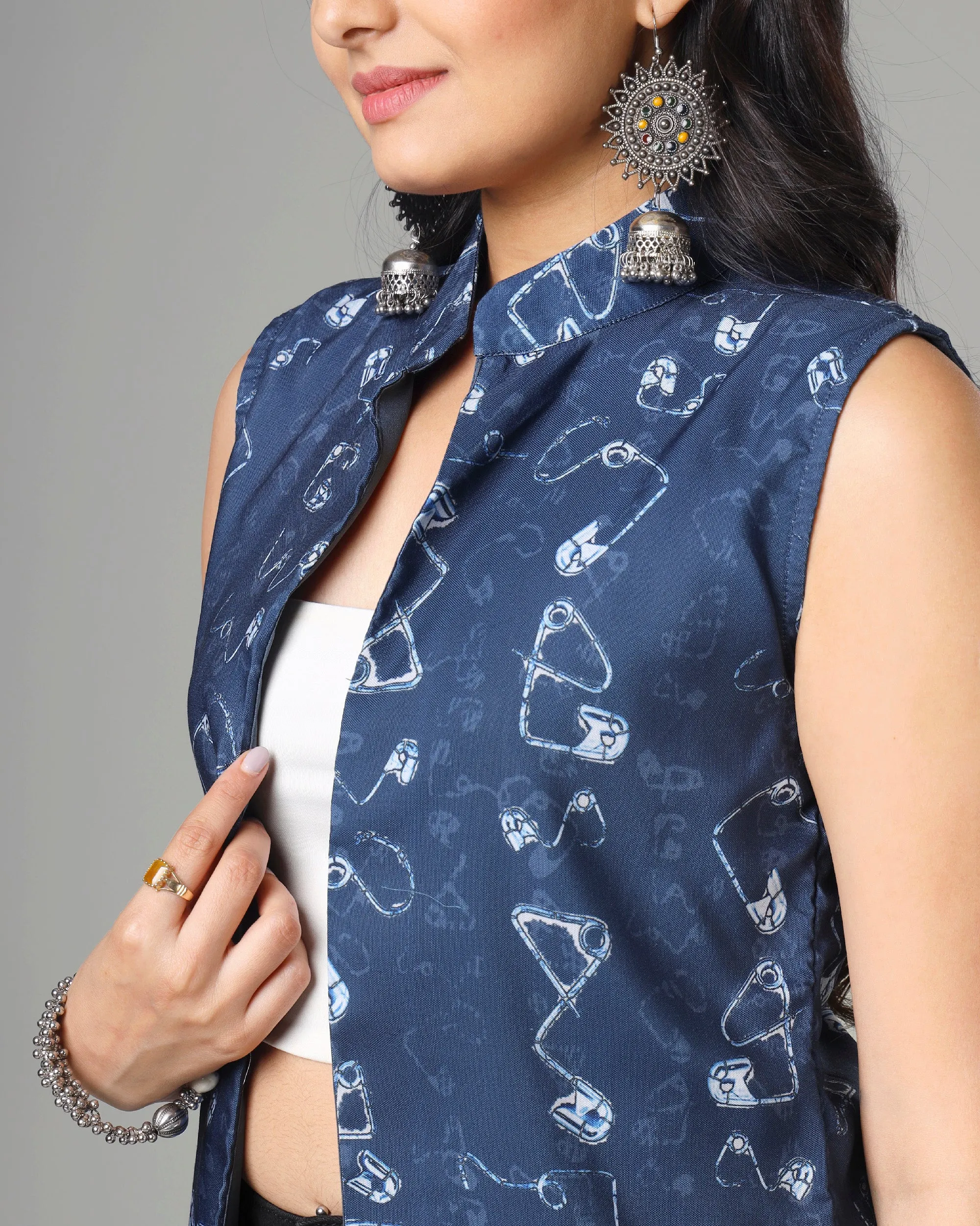 Trendy Quirky Indigo Long Jacket For Woman