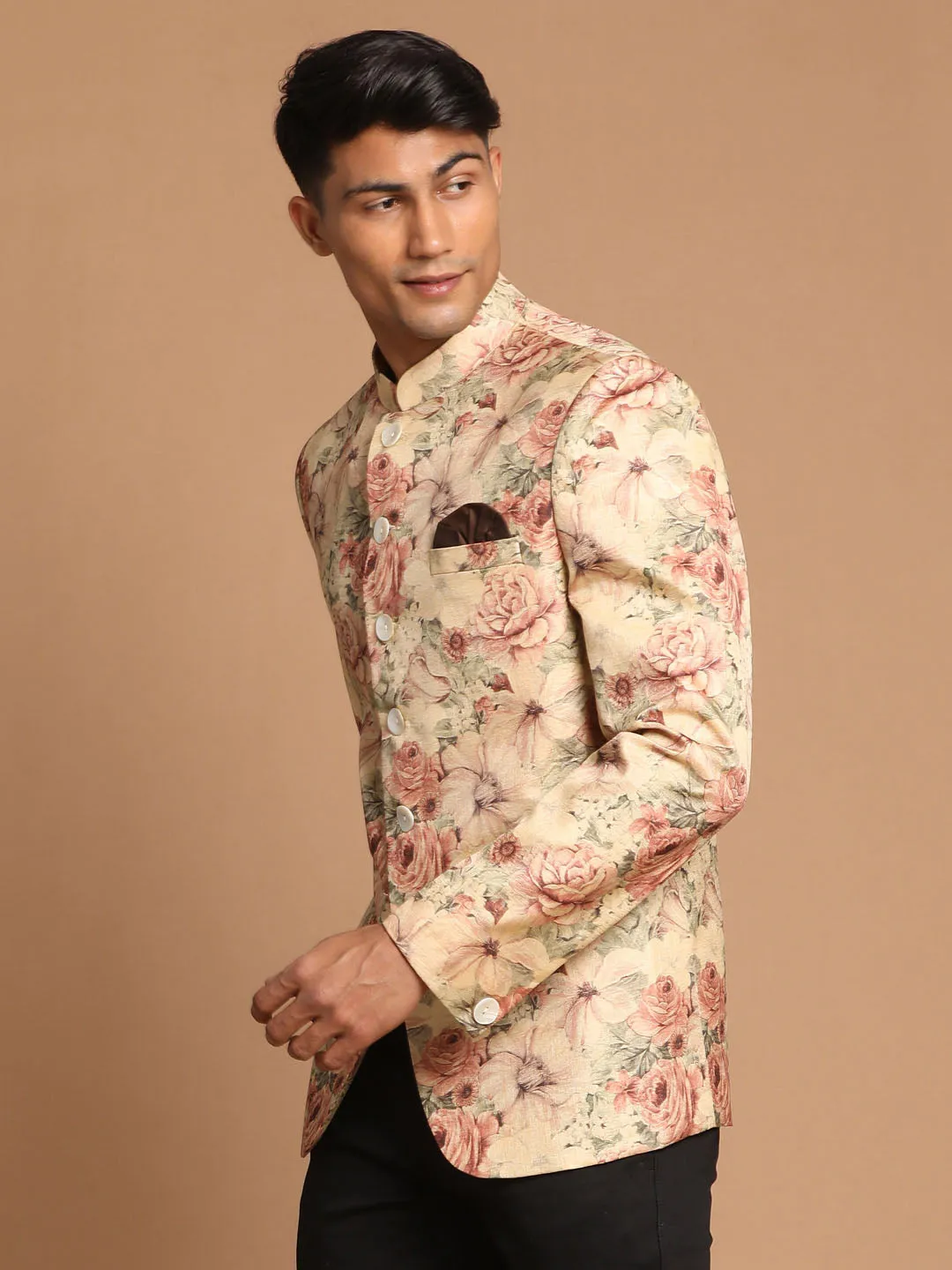 VASTRAMAY Men's Beige Printed Jodhpuri