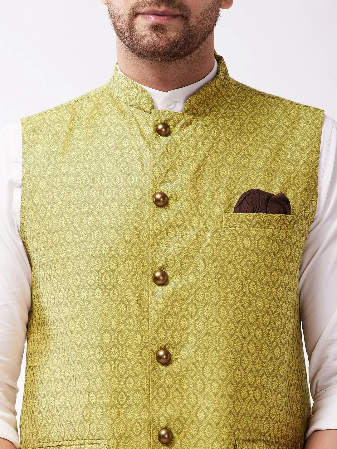 VASTRAMAY Men's Yellow Jacquard Nehru Jacket