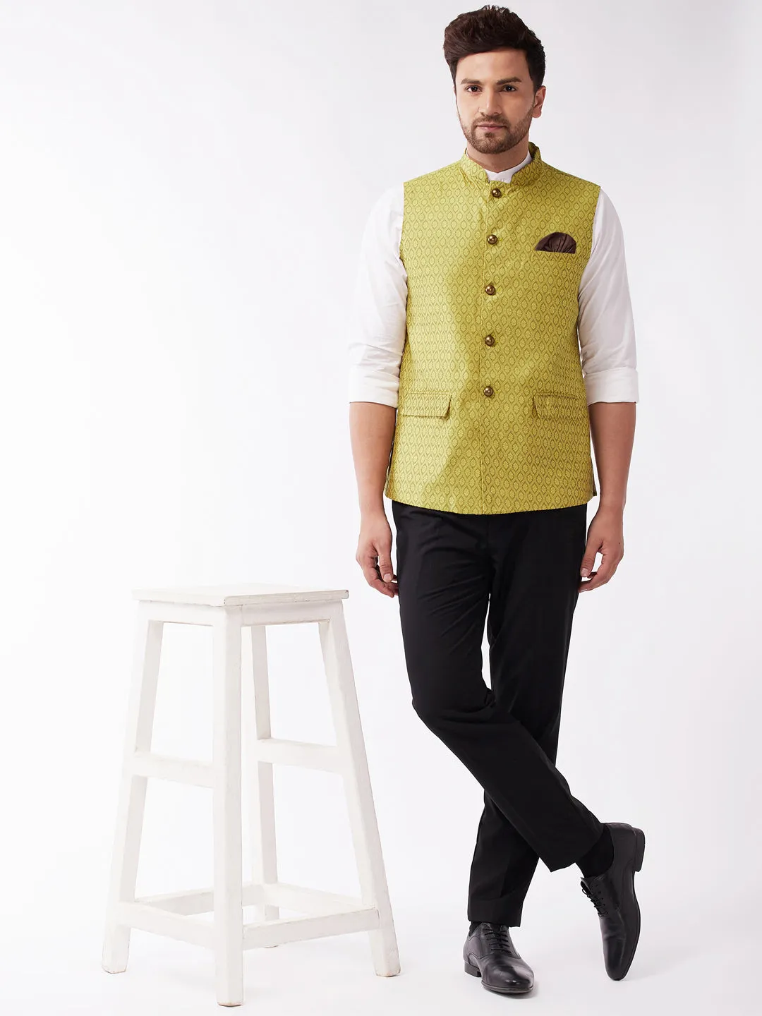 VASTRAMAY Men's Yellow Jacquard Nehru Jacket