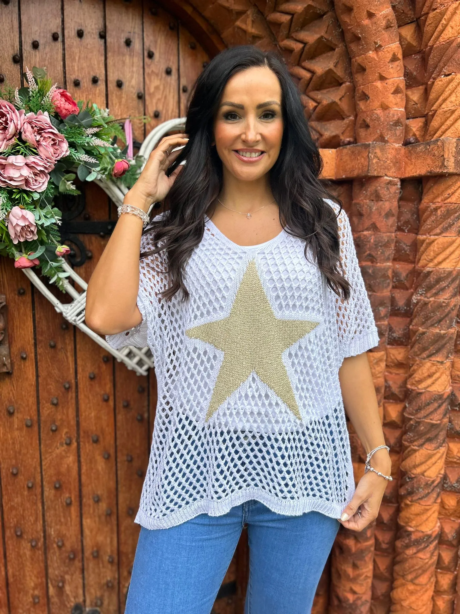 White V Neck Star Loose Knit  Alex