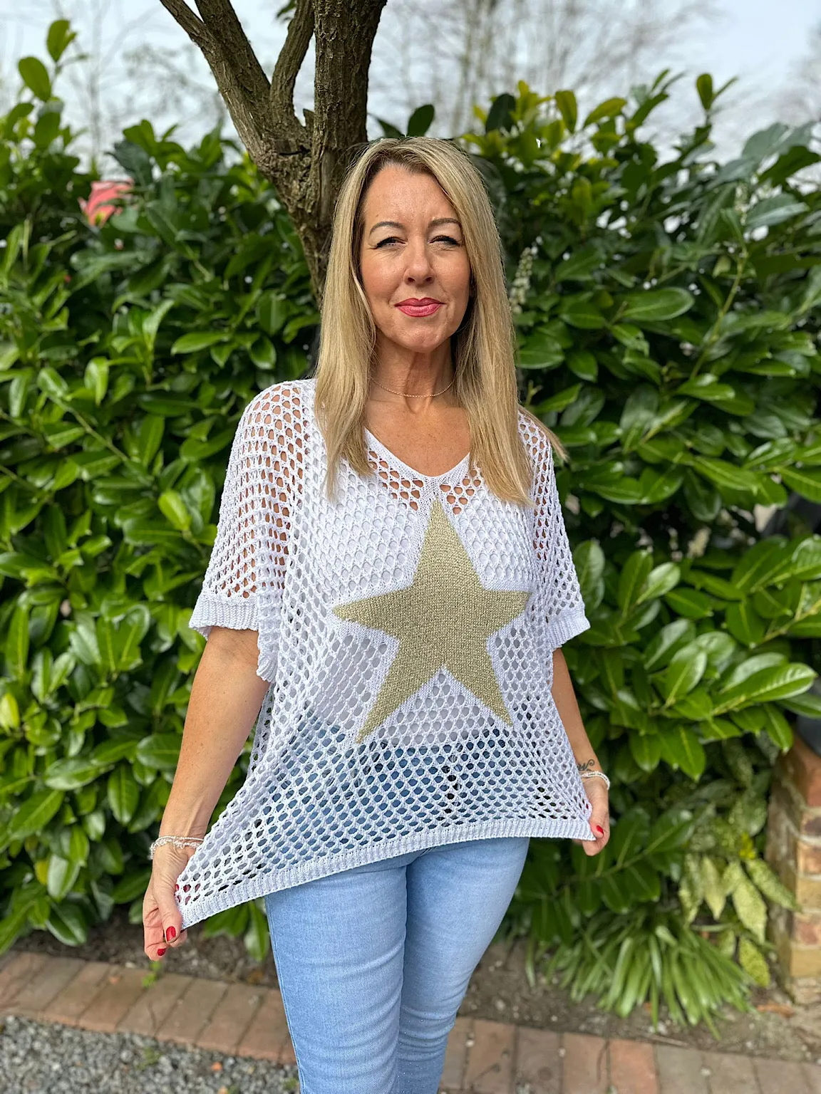 White V Neck Star Loose Knit  Alex