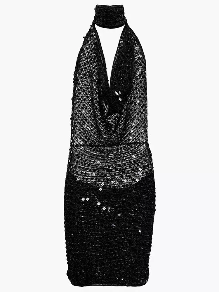 Women Elegant Sequin Swing Collar Halter Mini Dress Sexy Sleeveless Backless Wrap Hip Vestidos Fashion Night Club Party Robe