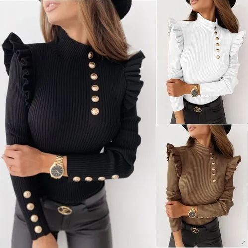 Women's Knitwear Long Sleeve Sweaters & Cardigans Ruffles Fashion Solid Color