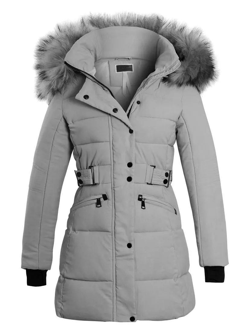 Womens Longline Puffer Parka Luxurious Faux Fur Coat, Black, Pink, Grey, Size 8 to 16