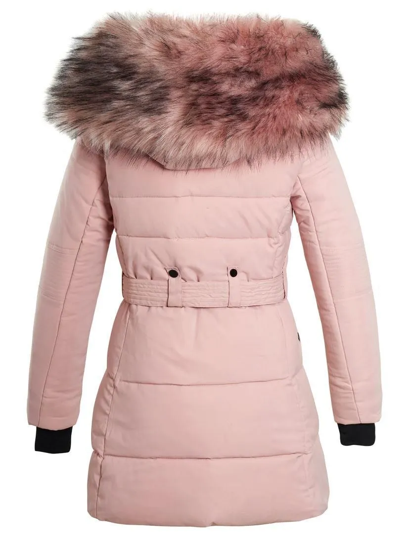 Womens Longline Puffer Parka Luxurious Faux Fur Coat, Black, Pink, Grey, Size 8 to 16