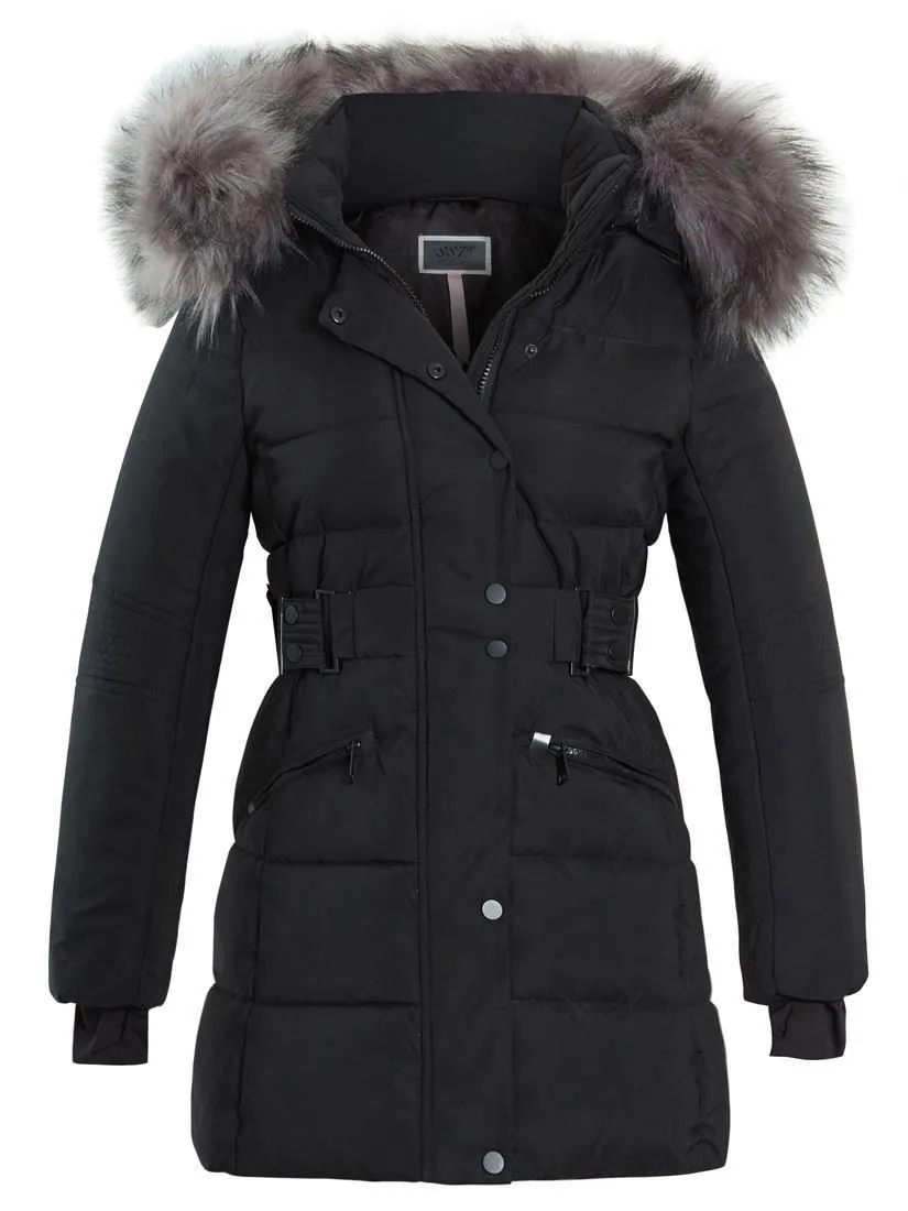 Womens Longline Puffer Parka Luxurious Faux Fur Coat, Black, Pink, Grey, Size 8 to 16