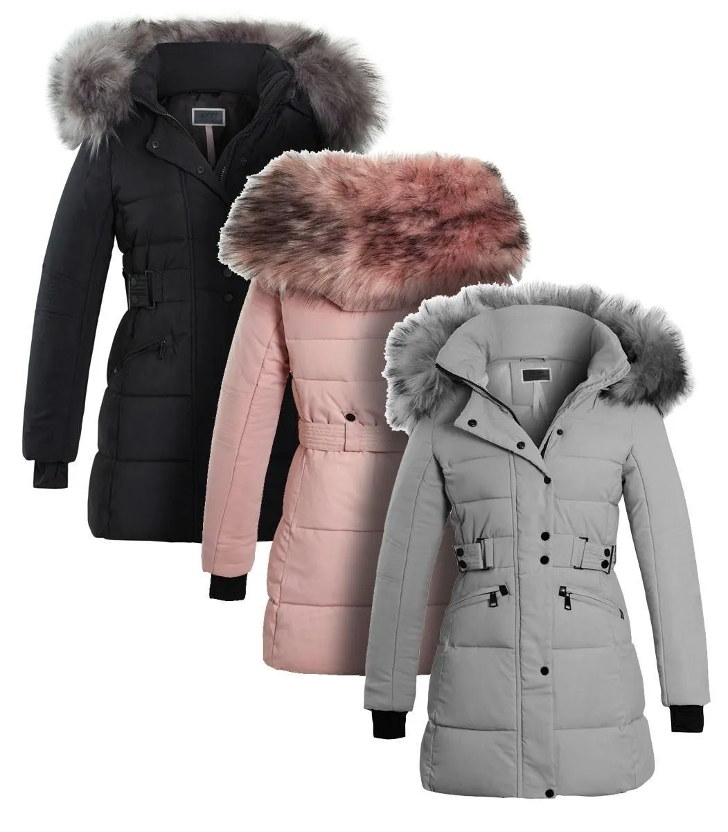 Womens Longline Puffer Parka Luxurious Faux Fur Coat, Black, Pink, Grey, Size 8 to 16