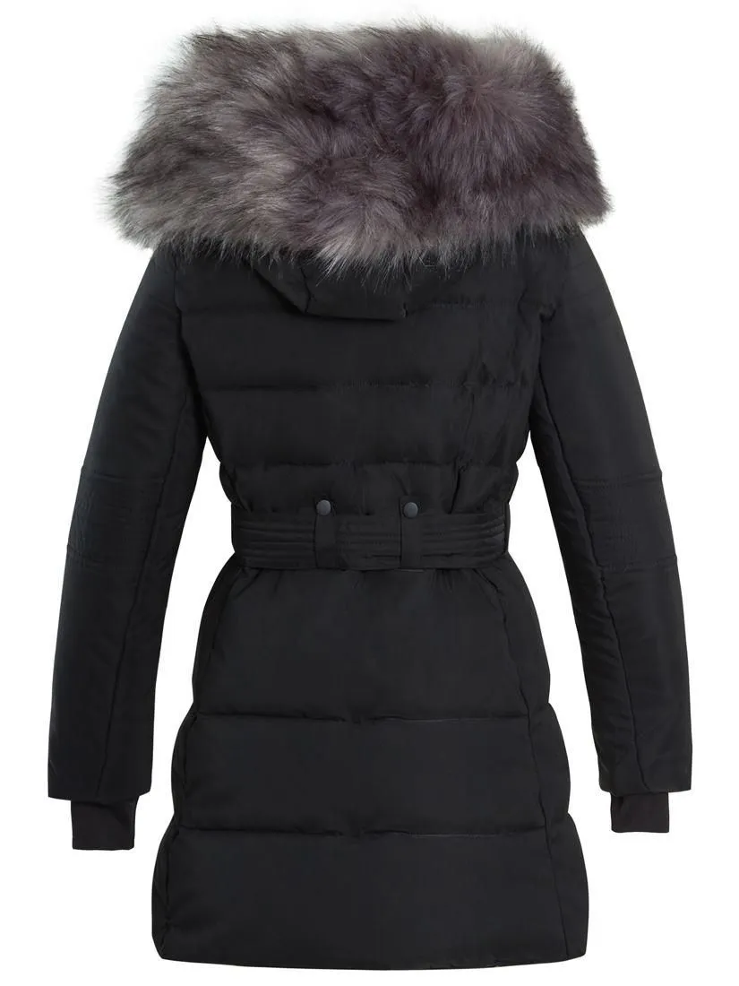 Womens Longline Puffer Parka Luxurious Faux Fur Coat, Black, Pink, Grey, Size 8 to 16