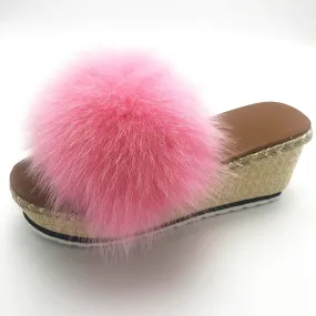 Women's Luxury Summer Real Fox Fur Wedges Pink Color House Slippers