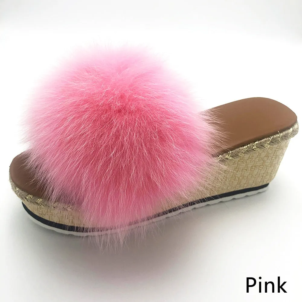 Women's Luxury Summer Real Fox Fur Wedges Pink Color House Slippers