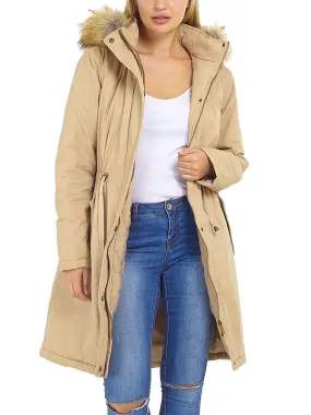 Womens Parka Coat with Faux Fur Fleece hood, Stone, Khaki, UK Sizes 8 to 16