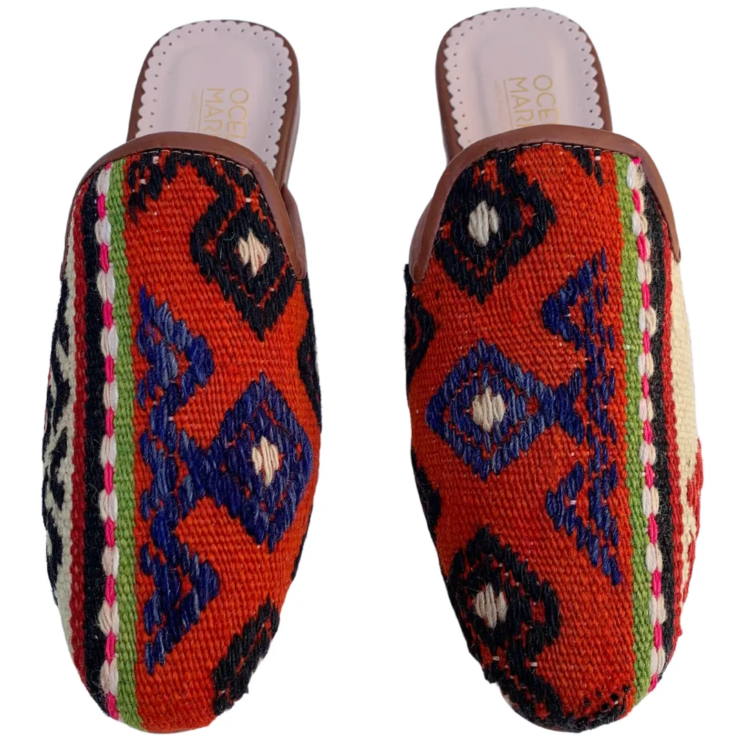 Women's Turkish Kilim Mules | Orange with Pattern