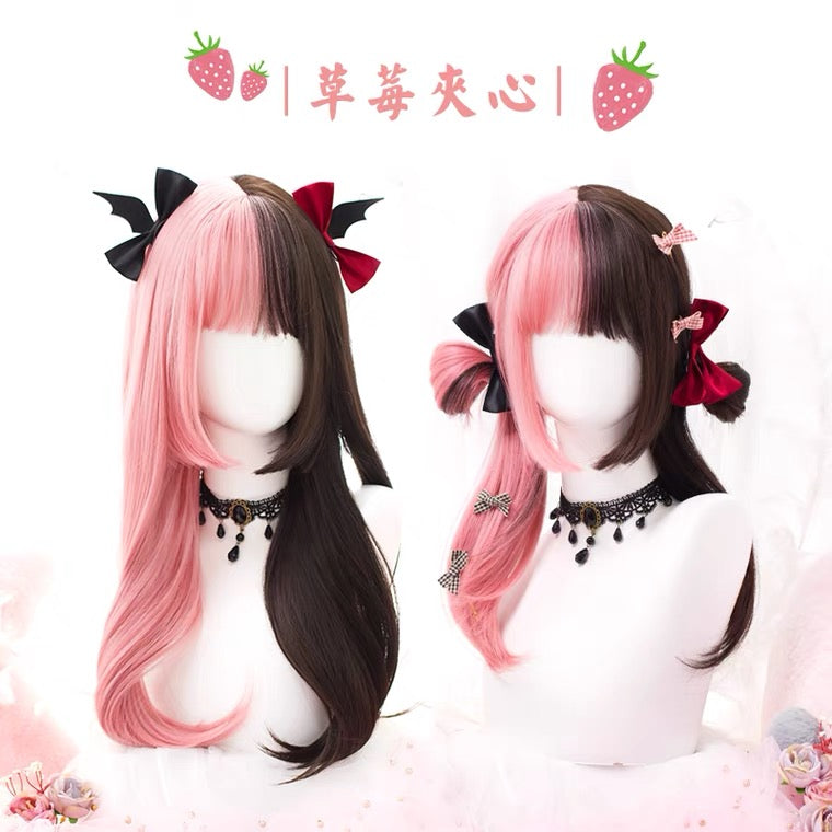 |草莓夹心| LOLITA HIME CUT BLACK PINK LONG STRAIGHT WIG BY90016